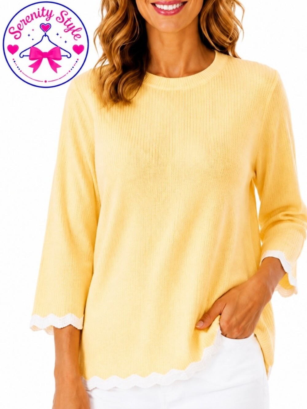 Dokotoo XL Butter Yellow Wool Blend Scallop Trim Lightweight Knit Sweater Top
